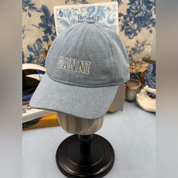 🆕 GANNI 🧿 NWT White Logo Embroidered Blue Denim Baseball Cap, Woman's Hat - Picture 7 of 14